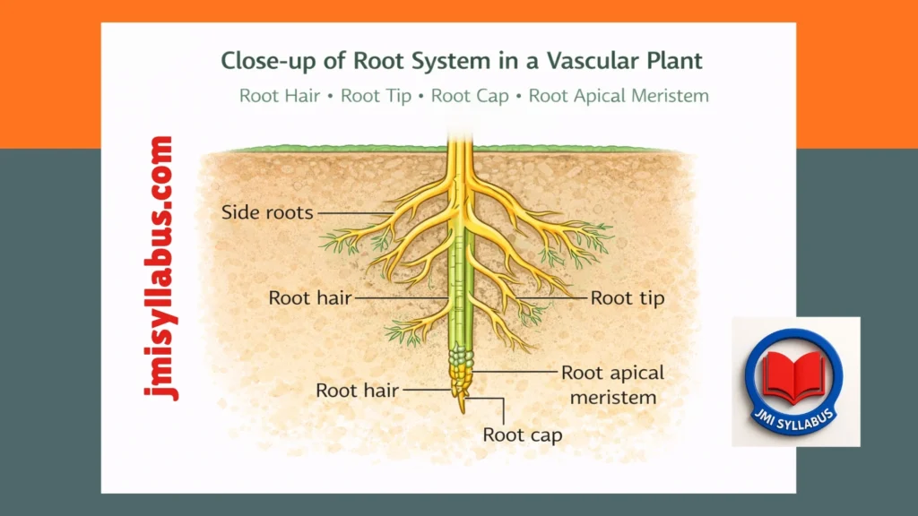 Root system close-up showing root hair root tip root cap and root apical meristem