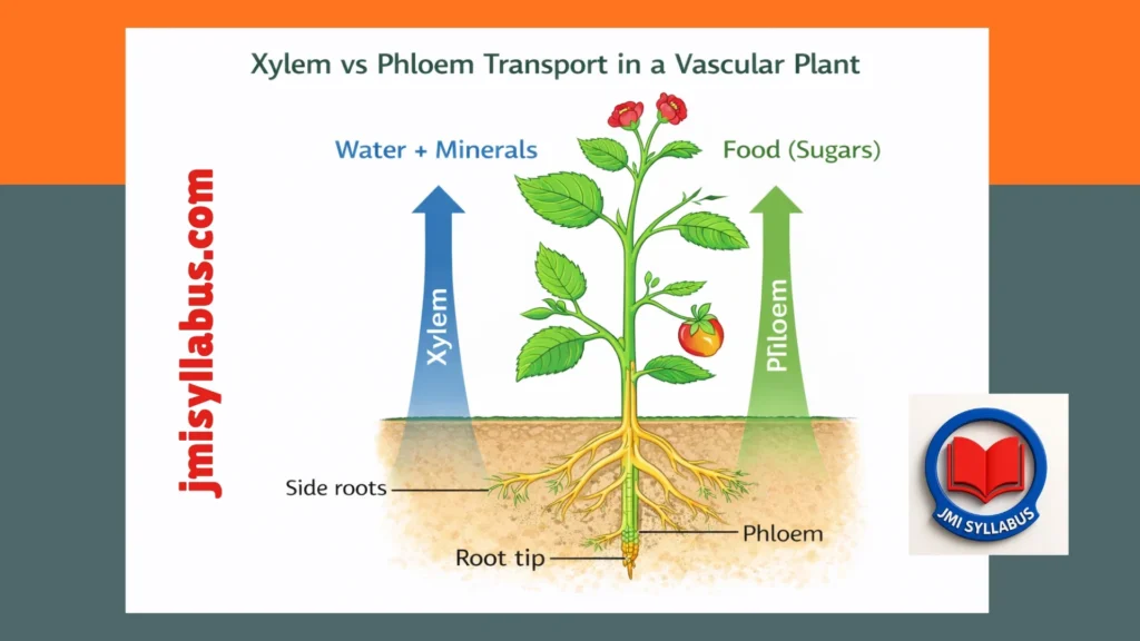 Xylem and phloem transport in vascular plant showing water up and food movement